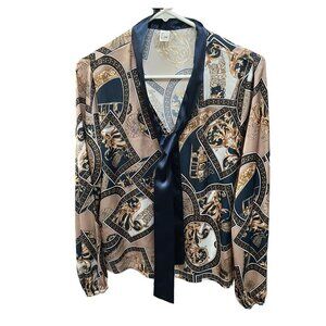 CHIC boutique brown carage print blouse long‎ sleeve shirt size XL